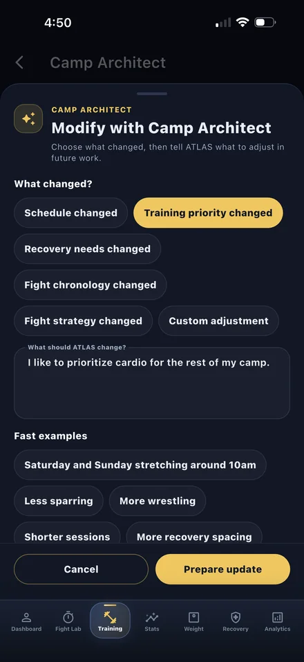 Camp Architect showing a training-priority change ready to prepare for review.