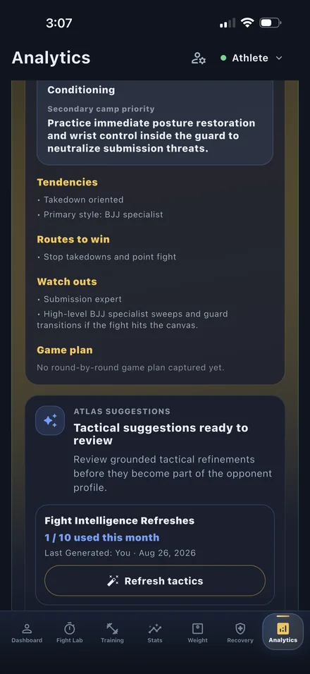 Fight Intelligence showing tactical observations and suggestions ready to review.