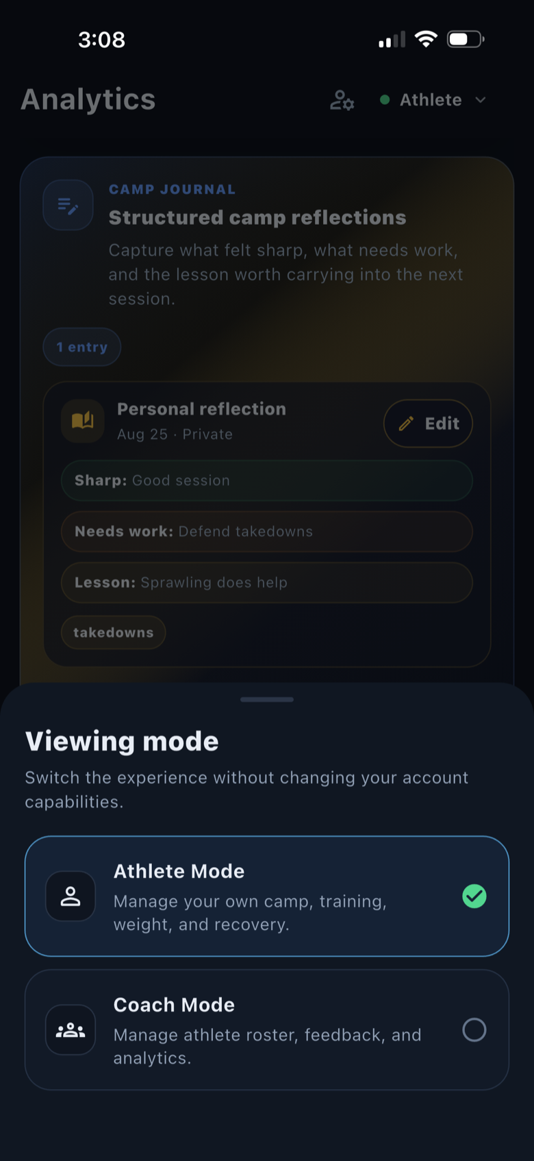 ATLAS PI Build 68 viewing-mode selector showing distinct Athlete Mode and Coach Mode choices.