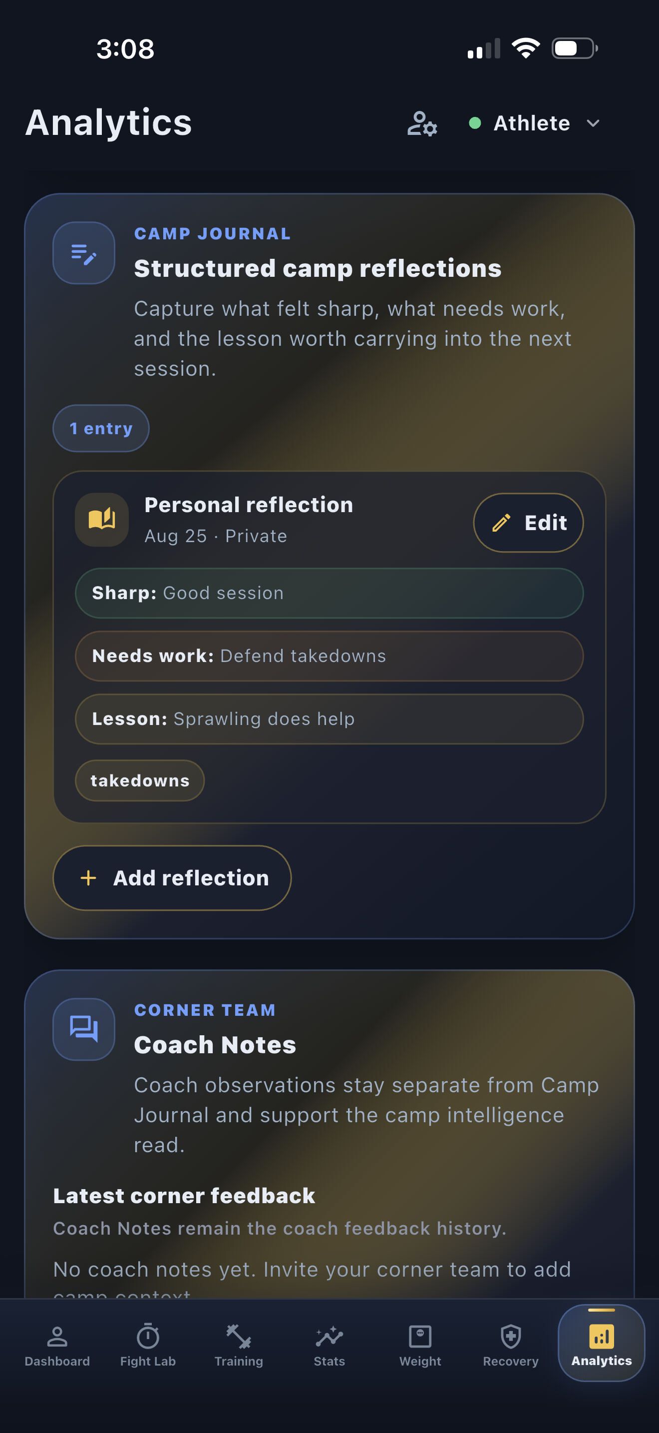 Actual ATLAS PI Camp Journal showing a private personal reflection with Sharp, Needs work and Lesson fields.