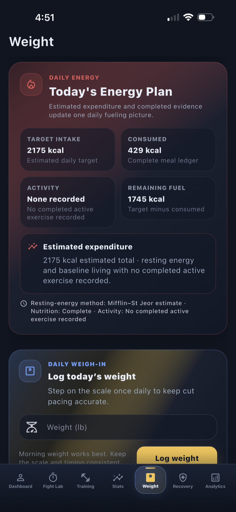 ATLAS PI Build 68 Daily Energy screen showing target intake, consumed calories, activity evidence, and remaining fuel.