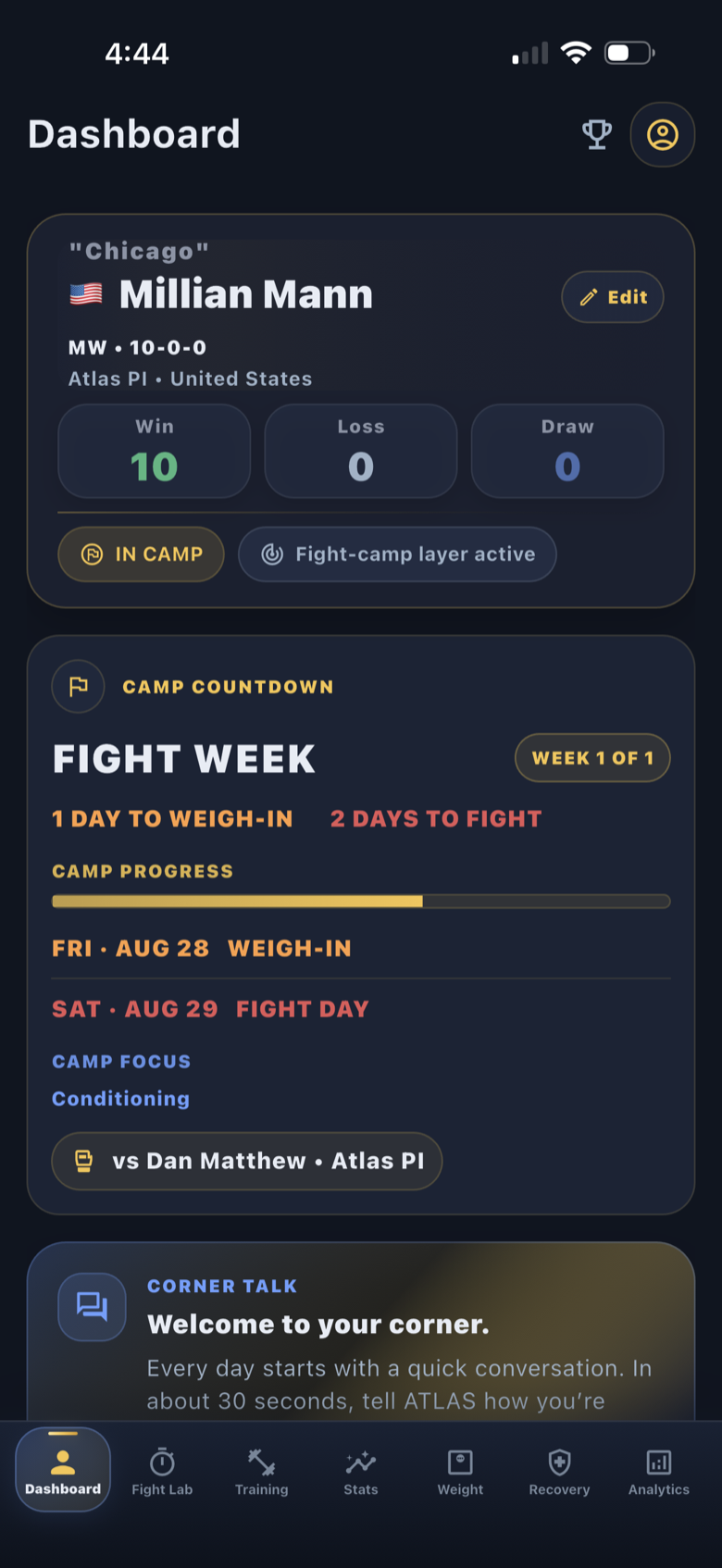 ATLAS PI Build 68 Dashboard showing an athlete profile, fight-week countdown, camp dates, and Corner Talk.
