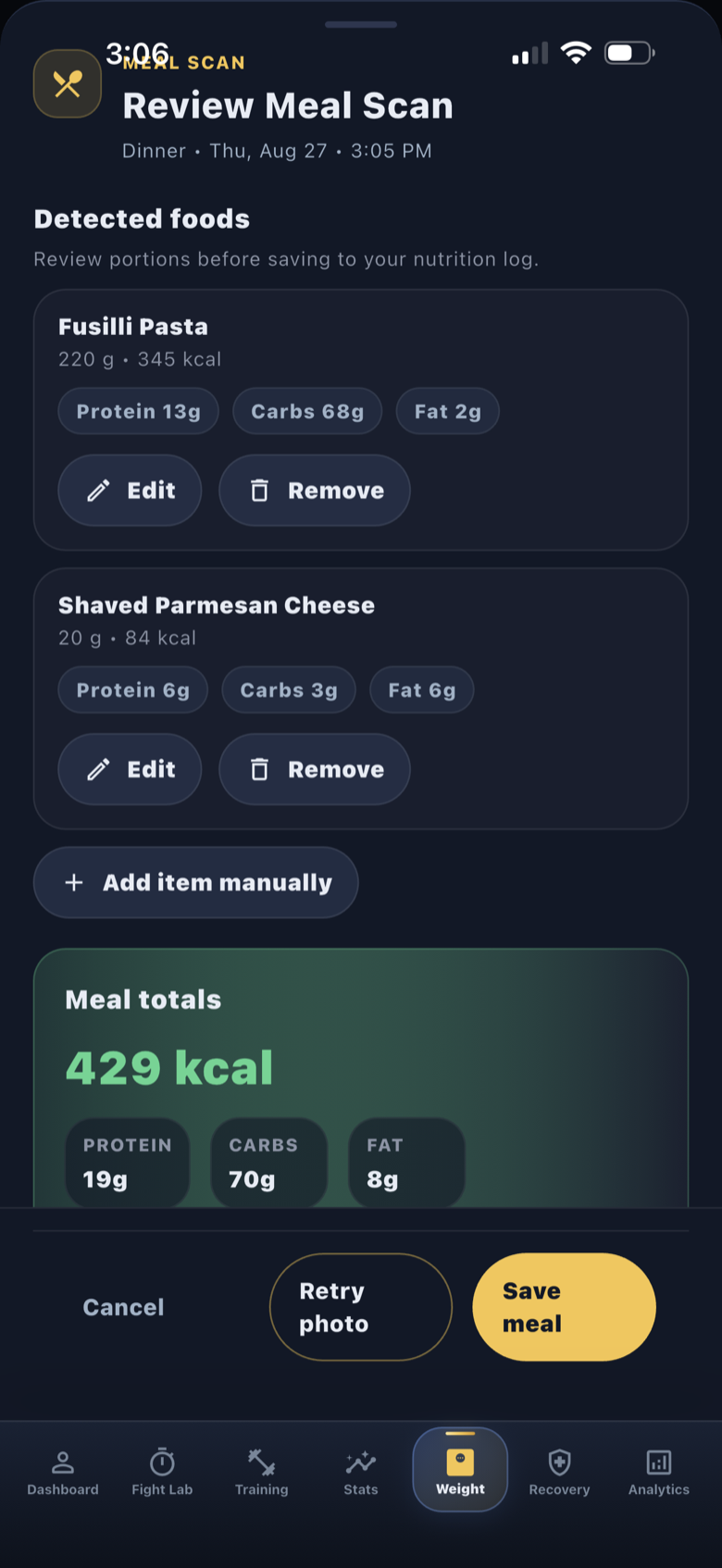 ATLAS PI Build 68 Meal Scan review showing detected foods, editable portions, macronutrients, and meal totals before saving.