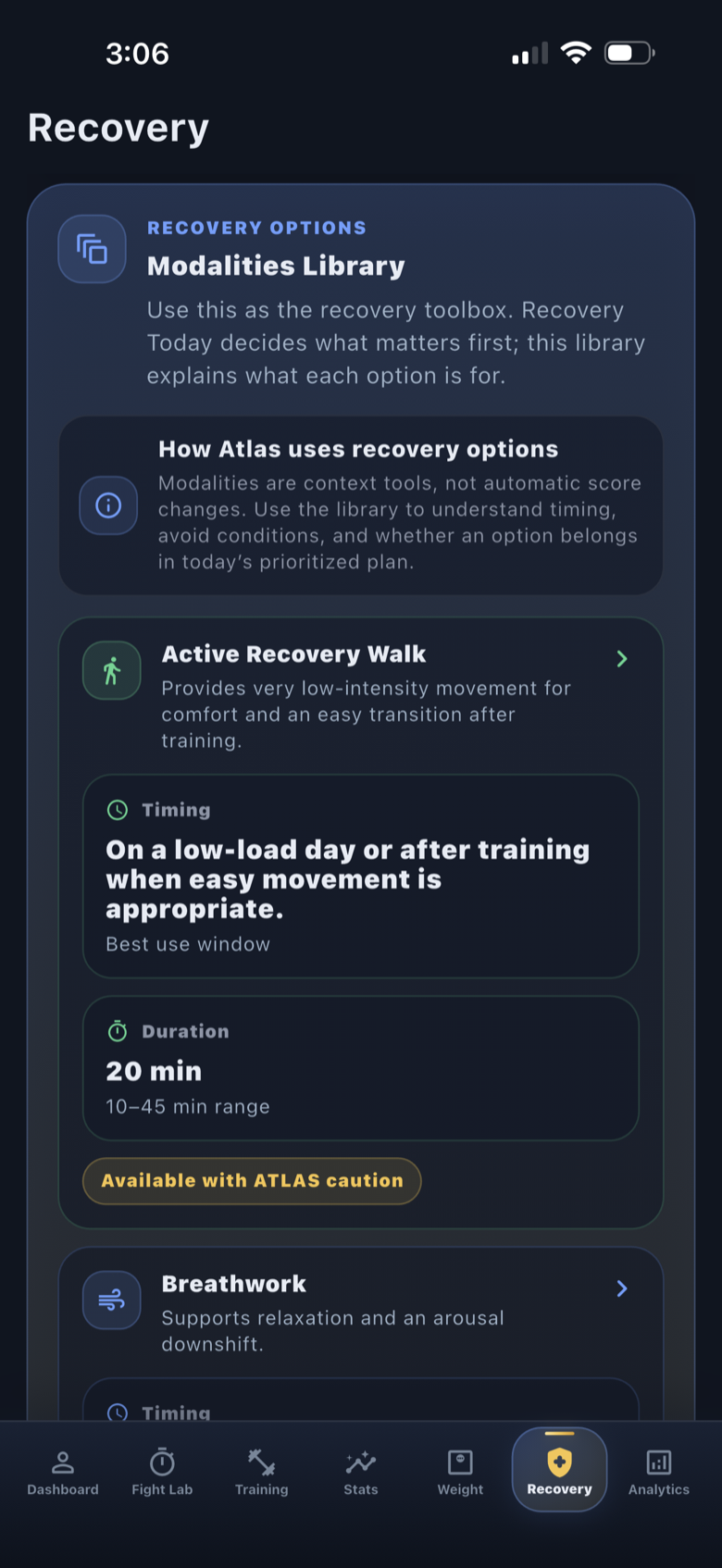 ATLAS PI Build 68 Recovery Options screen showing recovery modalities with timing and duration context.