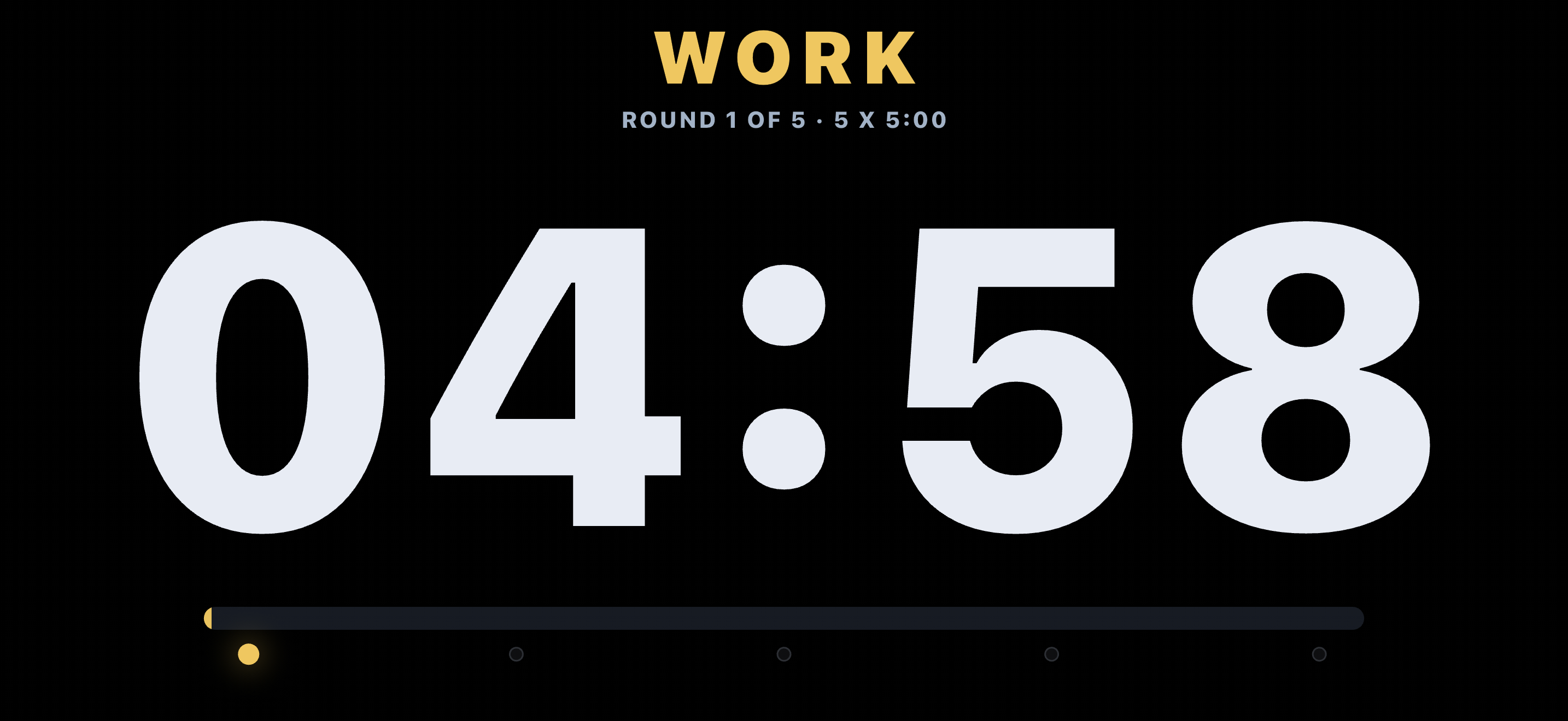 Authentic ATLAS PI Round Timer landscape view showing Work, round 1 of 5 and 4 minutes 58 seconds remaining.