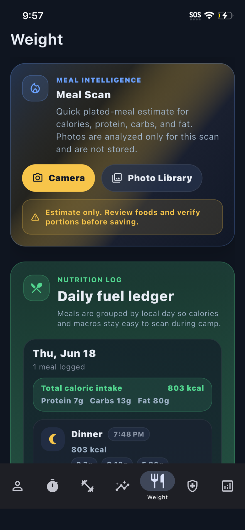 Atlas PI Meal Scan screen with camera and photo-library options and an estimate review reminder.