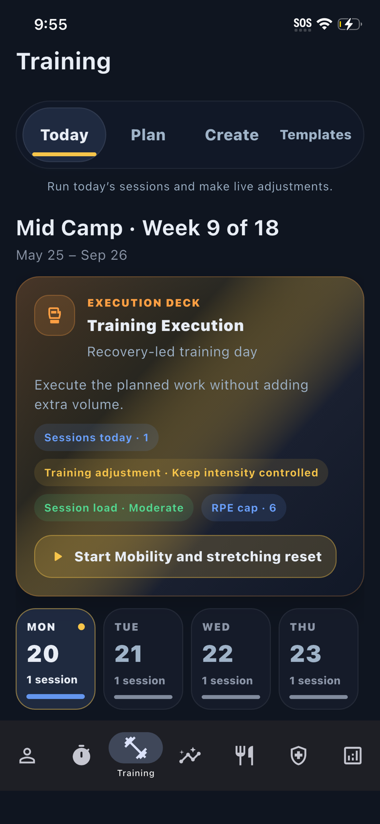 Atlas PI Training Execution screen showing a recovery-led training plan and session guidance.